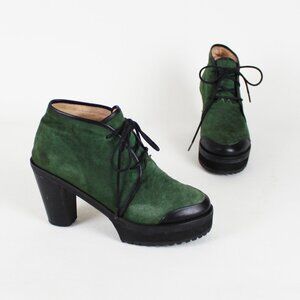 MaryH Green Suede Chunky Heel Platform Ankle Boots